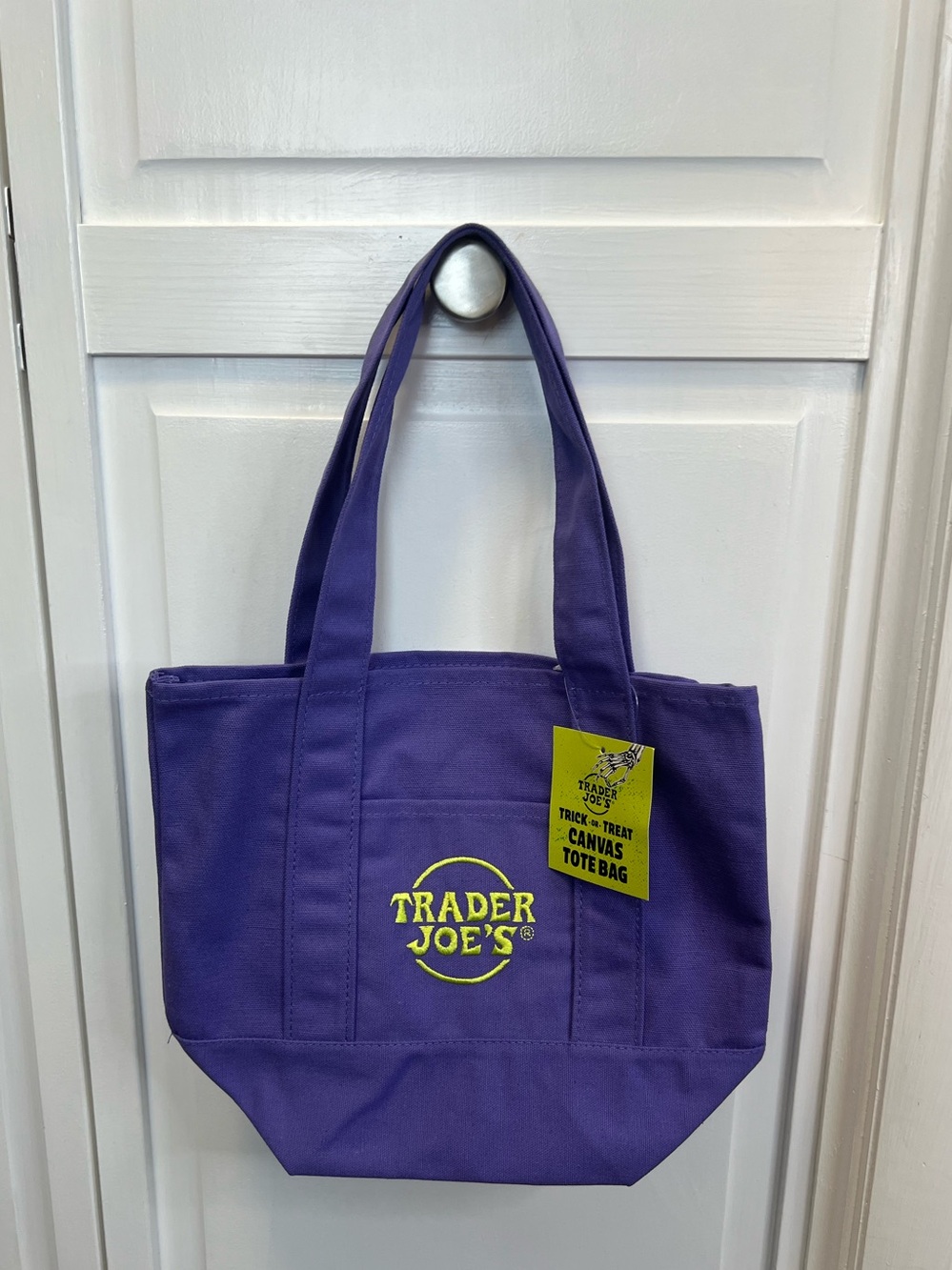 Trader Joe's Purple Trick Or Treat Canvas Tote Bag with Yellow Logo